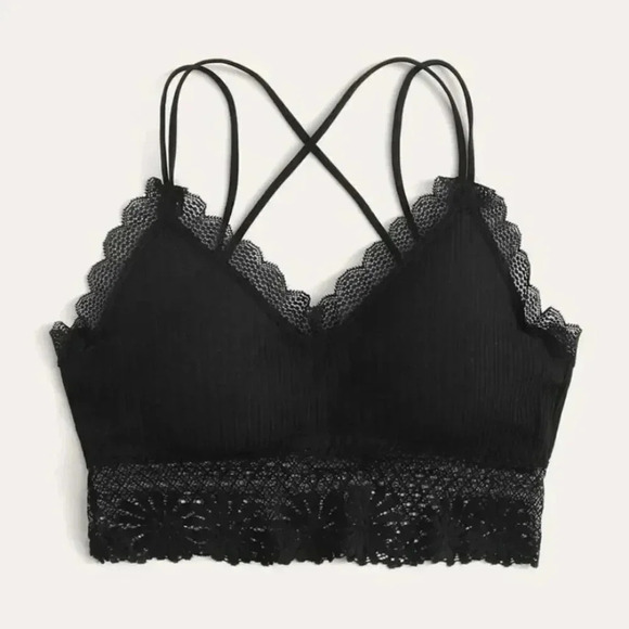 NEW! Ribbed Floral Lace Trim Strappy Bralette - Picture 1 of 7